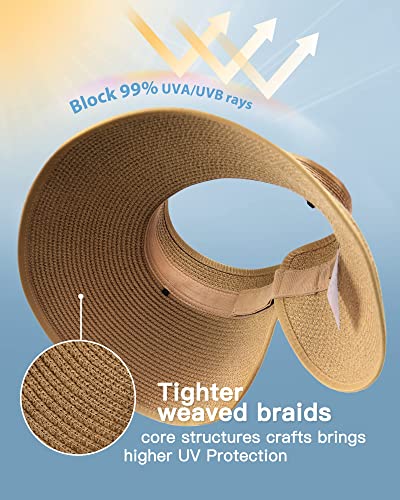 FURTALK Sun Hats for Women Wide Brim Beach Hat Straw Visor Ponytail Summer UV Packable Foldable Beach Vacation Essentials - color: Khaki
