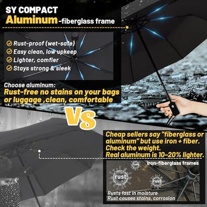 SY COMPACT Travel Umbrella - Windproof Automatic Compact Umbrella for Rain, Lightest 8-Rib, Small, Strong & Portable, Durable Grip, Fits Backpack & Car, Factory Direct (UV Available) - color: Black