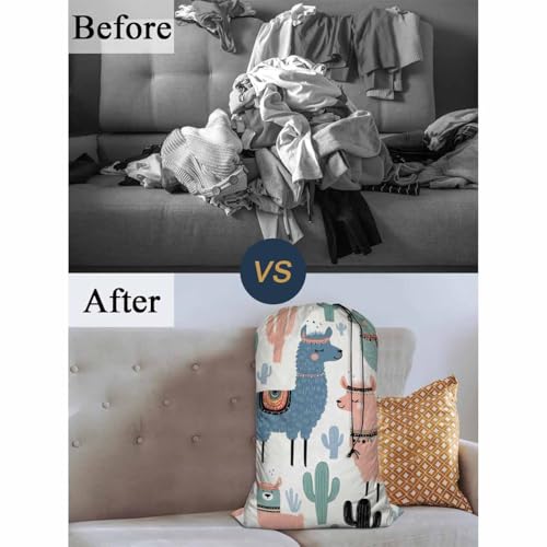Swono Cactus XL Laundry Bags, Drawstring Closure Dirty Clothes Bag Organizer, Heavy Duty Large Laundry Bag, Cartoon Cute Llama Tribal Alpaca Rip-Stop Bags for Camp Travel, 28" x 40", White - color: Cactus