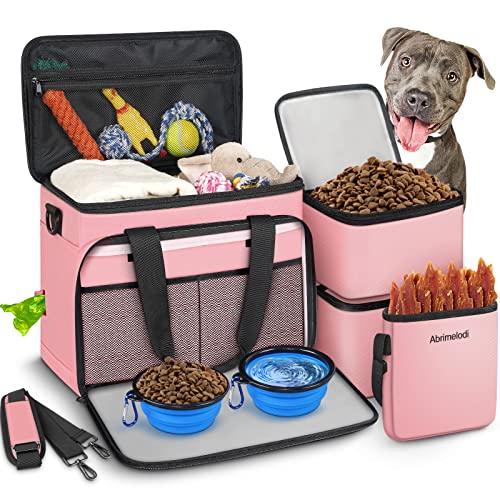 6 Set Dog Travel Bag, Large Pet Supplies for Dogs, Includes 2 Collapsible Dog Bowls, 2 Food Containers, 1 Treat Pouch with Pet Travel Bag, Pink - color: Pink