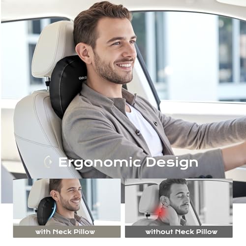 Coverado Leather Car Headrest Pillow Car Neck Pillow with Adjustable Strap, Head Support Rest Driver Relax Head Muscles Relieve Driving Fatigue, Breathable & Removable Cover, Black - color: Black, size: 1 Piece