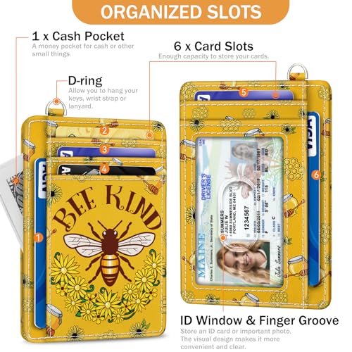 Yonlevres Credit Card Holder Slim Wallet, Bee RFID Wallet Women Front Pocket Small Card Holder, Travel Cute Funny Thin Card Case ID Window PU Leather RFID Blocking Card Organizer Gifts Girls Ladies - color: Bee