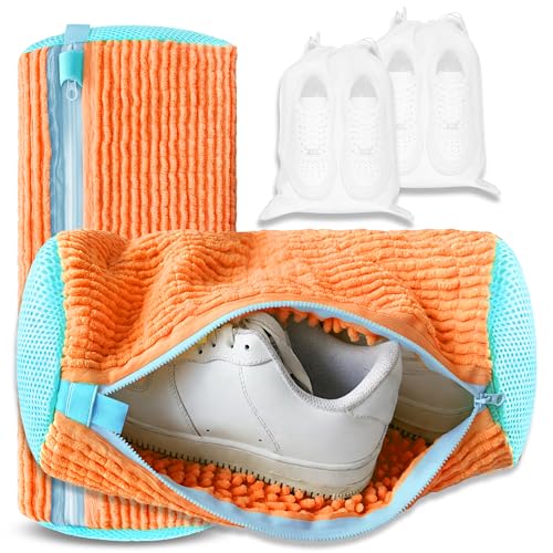 2Pcs Reusable Shoe Washing Machine Bag for Washer and Dryer:Free Up Hands, Prevent Deformation,shoe bag with Zipper Protection Design, Use for all Shoes,Sports Shoes - color: B-Orange