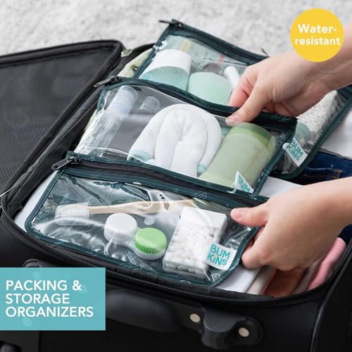 Bumkins Travel Bag, Toiletry, TSA Approved Packing Pouch, Zip Bag, Quart Size Airline Compliant, Clear-Sided, Set of 3 Sizes - color: B1 Starry Cactus-Dk Green, style: Bumkins