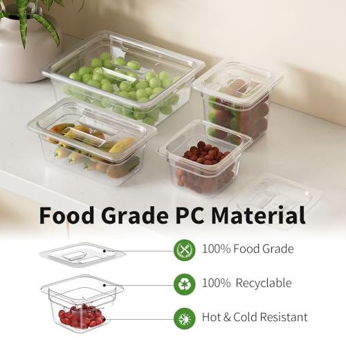 1/6 4" 6 Pack Plastic Food Pans With Lids, Clear Food Pan, Commercial Stackable Polycarbonate Freezer-Safe for Fruits Vegetables Restaurant Kitchen - color: 1/6 4"6 Pack