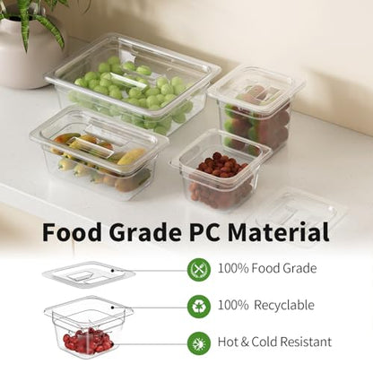 1/6 4" 6 Pack Plastic Food Pans With Lids, Clear Food Pan, Commercial Stackable Polycarbonate Freezer-Safe for Fruits Vegetables Restaurant Kitchen - color: 1/6 4"6 Pack