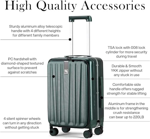 Hanke 20 Inch Carry On Luggage Aluminum Frame Front Opening Rolling Suitcase PC Hard Sided Luggage with Spinner Wheels Travel Luggage for Woman Men Gifts.(Dark Green) - color: Dark Green, size: 20 Inch