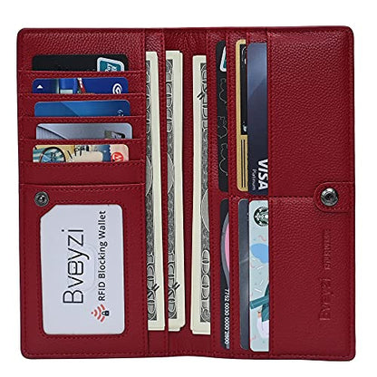 Bveyzi Ultra Slim Thin Leather RFID Blocking Credit Card Holder Bifold Clutch Wallets for Women - color: Wine Red