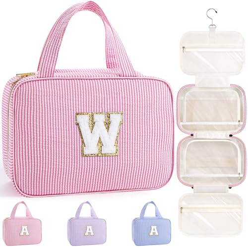 TOPEAST Hanging Toiletry Bag for Women - Travel Toiletry Bag Makeup Bag, Portable Toiletries Cosmetic Bag, Airplane Travel Essentials - Letter W, Pink - color: Pink, style: W