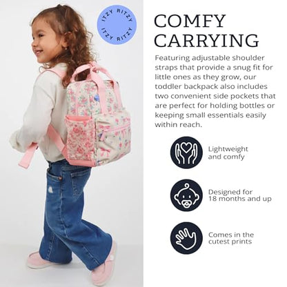 Itzy Ritzy Toddler Backpack - Daycare Bag - Features Adjustable Shoulder Straps, 2 Side Pockets & Spacious Interior with Wipeable Fabric Lining & Name Label, Ribbons & Roses Backpack - color: Ribbons