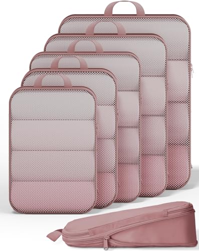 Veken 6/9/11 Set Compression Packing Cubes for Travel Essentials,Compressible Expandable Large Luggage Suitcase Organizer Bags for Clothing,Durable Space Saver Storage Bags(Light Coral) - color: Light Coral, size: 6 set
