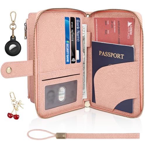 RFID Blocking Passport Wallet, Anti Theft PU Texture Passport Pouch with Tracker Case, Travel Document Organizer Zipper Wallet with Wrist Strap & Keychain, Gifts for Women and Men (Pink) - color: Texture-Pink