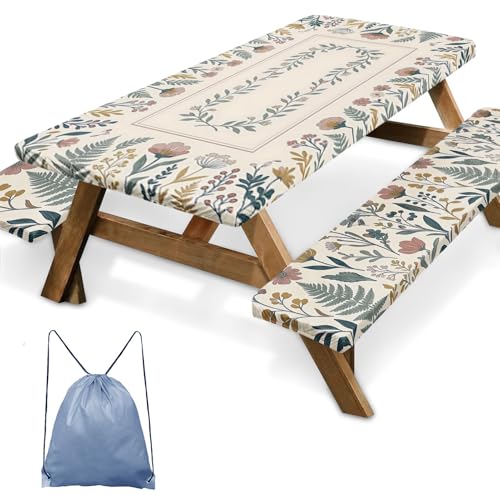 Picnic Table Cover with Bench Covers Elastic Edges, Floral Vintage Camper Fitted Table Cover, Outdoor Camping Essentials 72 Inch 3PCS, Waterproof Camping Fitted Tablecloth with Drawstring Bag - color: Floral Vintage, size: 72in