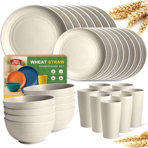 Teivio 32-Piece Kitchen Plastic Wheat Straw Dinnerware Set, Service for 8, Dinner Plates, Dessert Plate, Cereal Bowls, Cups, Unbreakable Plastic Outdoor Camping Dishes, Beige - color: Beige