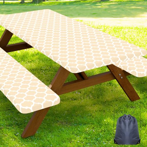 Smiry Picnic Table Cover with Bench Covers, Waterproof Elastic Fitted Tablecloth for 5 Foot Tables, Washable Polyester Tablecloths for Camping, Indoor & Outdoor (Beige, 30x60 Inch 3-pc Set) - color: Beige, size: 30"x60"