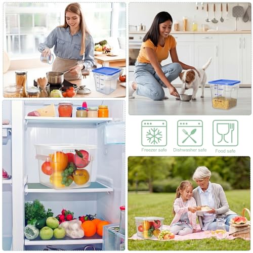 Lallisa 4 Pcs 8qt & 4qt Clear Food Storage Containers with Lids Handles and Scales, Stackable Plastic Square Food Storage Containers for Dough Proofing Baking Kitchen Restaurant(White, Blue) - color: White, Blue