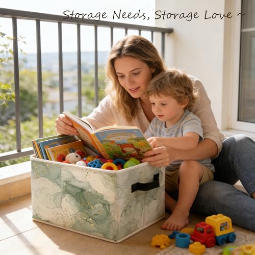 Abstract Sage Green and Gold Storage Bins Box with Handles, Luxury Green Marble Modern Boho Abstract Foldable Basket Toybox for Bedroom Bathroom Laundry Room Home Clothes Toys Books - color: Color-2