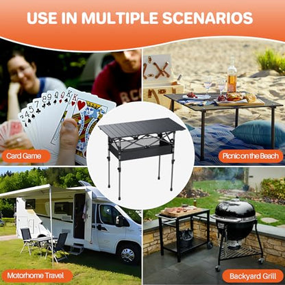 FUNYKICH Folding Camping Table(L32.3''xW15.7''), Aluminum Roll-up Portable Picnic Table with 2 Adjustable Height, Large Storage and Carrying Bag for Picnic, Camping, BBQ, Party, Backyard, Beach - size: 32.3''L x 15.7''W x (17.3''/27.6'')H