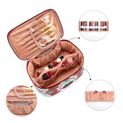 Montana West X Wrangler Travel Makeup Bag 2pcs Set Large Cosmetic Bag with Makeup Brush Holder Portable Make Up Organizer Cute Toiletry Bag with Divider and Handle for Women Aztec - color: Aztec-Red
