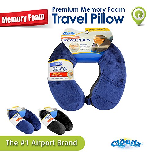 Cloudz Memory Foam Travel Neck Pillow with Snap & Pocket - Blue