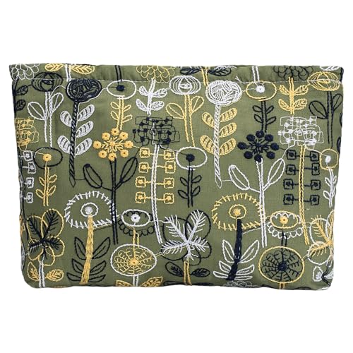 Embroidery Floral Makeup Bag for Women - Large Cosmetic Pouch | Compact Travel Toiletry Organizer (Zipper Gift for Girls Teens) ﻿ - color: green