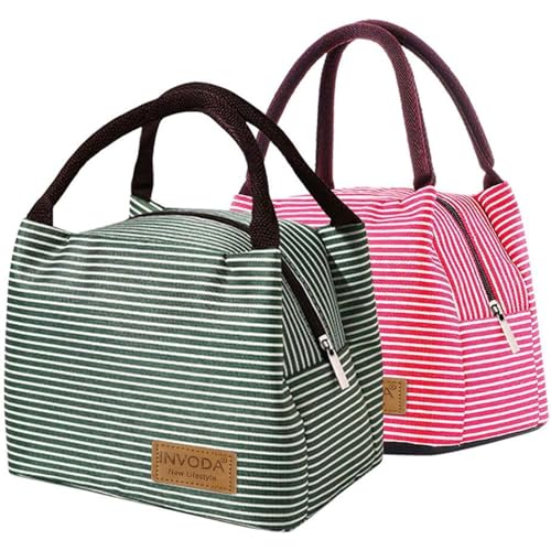 2PCS Lunch Bags Reusable Lunch Tote Bags Portable Lunch Cooler Bag Lunch Holder Insulated Lunch Box Bag for Picnic Office Beach (Green+Red) - color: Green+Red