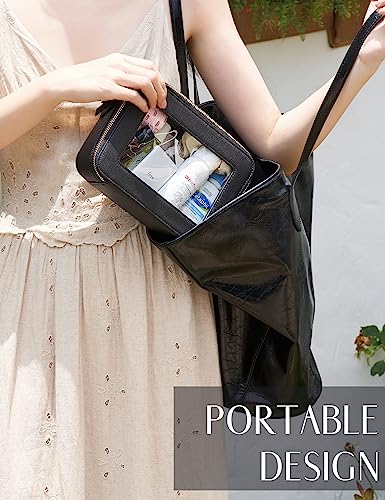 Popvibe Clear Makeup Bag Travel Cosmetic Case Transparent Toiletry Bag with Zipper, Portable Make Up Organizer Traveling Compact Car Bag for Essentials - color: Black, style: Dual Elegance