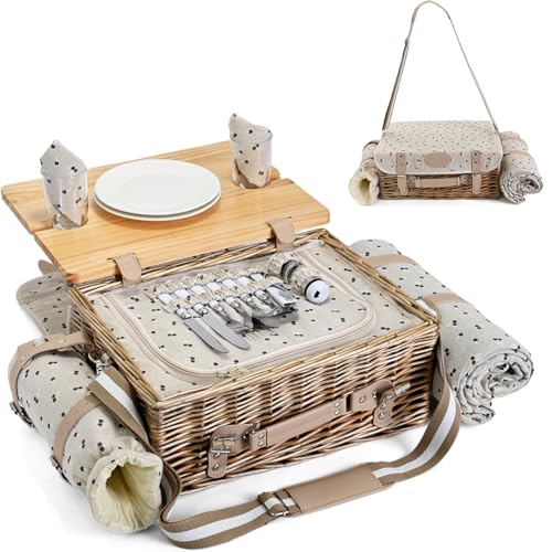 Multifunctional Wicker Picnic Basket Set for 2 with Blanket and Picnic Table, Insulated Picnic Set with Full Tablewares for Camping Outdoor Couples,Cherry - color: Cherry With Blanket &Table for 2