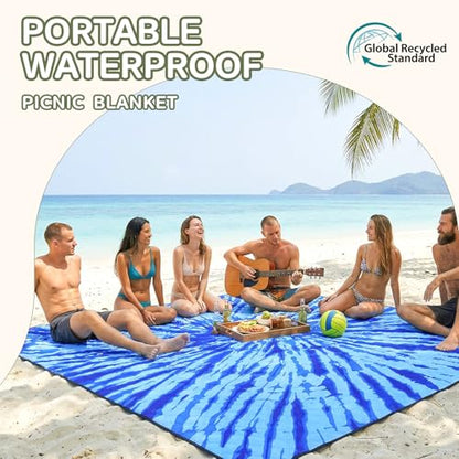 Genovega Waterproof Sandproof Beach Blanket Picnic Outdoor Mat Rug Extra Large Foldable Sand Free Big Giand XL Car Essential Roadtrip Gadget Rv Accessories Gear Must Haves Hiking Items Necessities - color: Tie Dye Blue