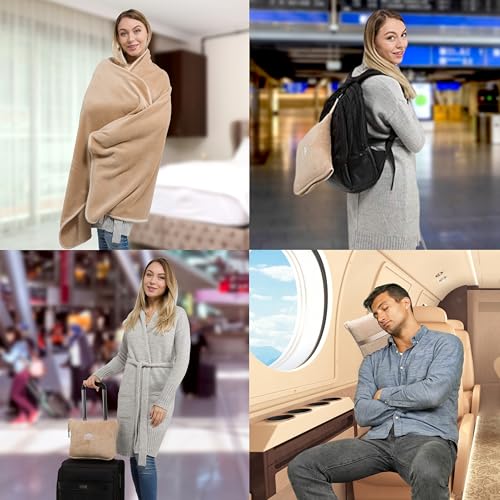 BlueHills Premium Soft 2-Pack Travel Blanket Pillows Airplane Large Plane Flight Throw Travel Blankets for Two in a Bag Compact Traveling Essentials Warm Travel Gifts Long Beige T205 - color: Beige-2pk-t205