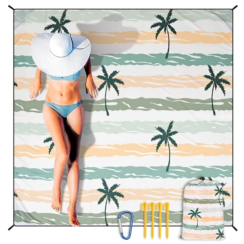 HIHOHO Beach Blanket Waterproof Sandproof Extra Large Beach Mat 79" X 83"/120"x108"for 1-8 Adults Quick Drying Durable Outdoor Picnic Mat for Beach Travel Camping Hiking - color: Coconut Tree - Striped - Yellow Green, size: 79" X 83"（1~3 person）