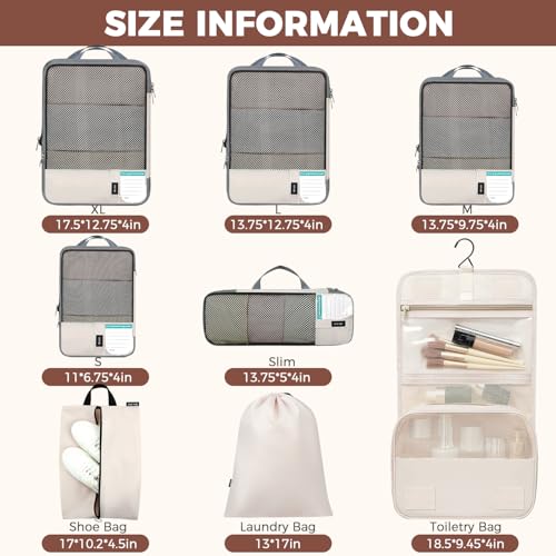 BAGAIL 4 Set/6 Set/8 Set Compression Packing Cubes Travel Accessories Expandable Packing Organizers (Half Mesh, 8-Beige) - color: 8-Beige, style: Half Mesh