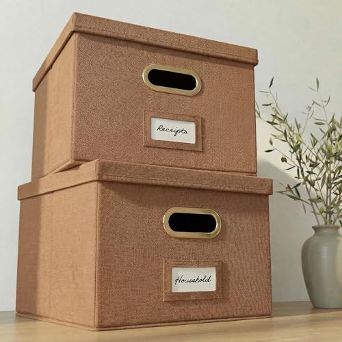 Decorative File Organizer Box Set of 2 - Collapsible Linen Filing Cabinets with Handles Are Perfect to Store All Your Documents & Hanging File Folders - Portable Easy Slide Office Crates with Lid - color: Camel