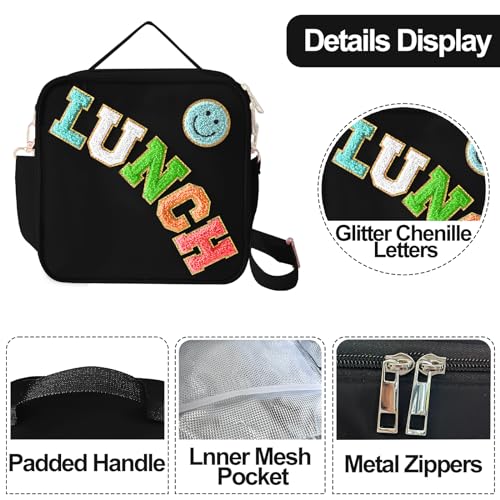 Insulated Lunch Bag With Adjustable Shoulder Strap, Nylon Preppy Lunch Box Large Insulated Lunch Bag Reusable Lunch Tote Bag with Smiley Preppy LunchBag for Girls School Travel Picnic (Black) - color: Black