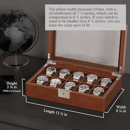 ROTHWELL 10 Slot Leather Watch Box - Luxury Case Display Jewelry Organizer - Locking Watch Display Case Holder with Large Glass Top - Box Organizer for Men and Women (Tan/Brown) - color: Tan / Brown