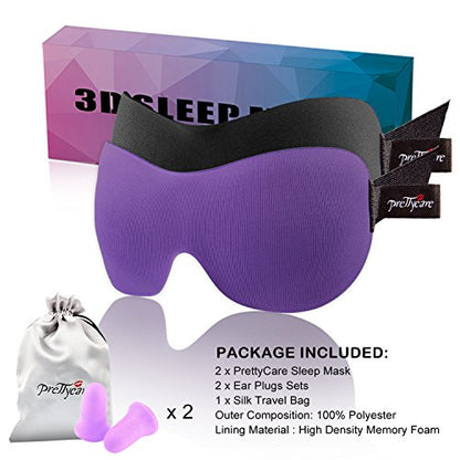 PrettyCare 3D Sleep Mask 2 Pack, Eye Mask for Side Sleeper - 3D Contoured Sleeping Mask Block Out Light for Men Women- No Eye Pressuer Night Masks with Ear Plugs & Travel Bag (Black＆Purple) - color: Black＆purple