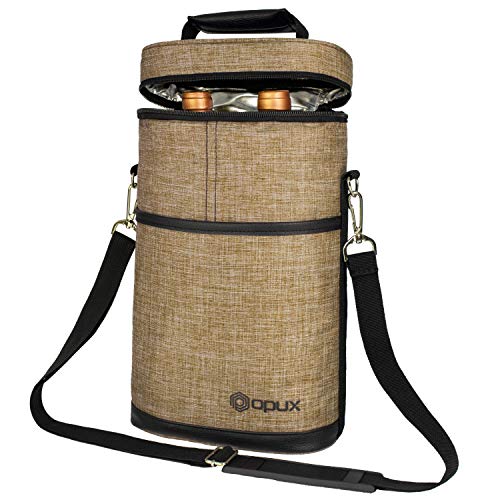 OPUX 2 Bottle Wine Bag Tote Carrier | Leakproof Insulated Wine Cooler Bag for Travel, BYOB, Picnic | Padded Portable Wine Bottle Bag for Dinner Party, Christmas Gift for Wine Lovers, Women, Men, Taupe - color: Heather Taupe