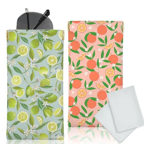 Glasses Case Soft, Eyeglass Cases for Women Portable Squeeze Top PU Leather 2 Pack Glasses Pouch with Cleaning Cloth - color: 2pcs Fruit Print