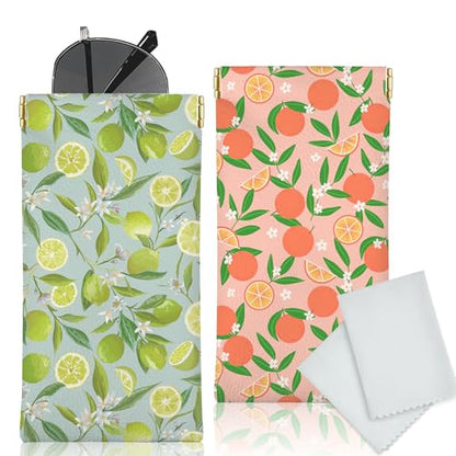 Glasses Case Soft, Eyeglass Cases for Women Portable Squeeze Top PU Leather 2 Pack Glasses Pouch with Cleaning Cloth - color: 2pcs Fruit Print