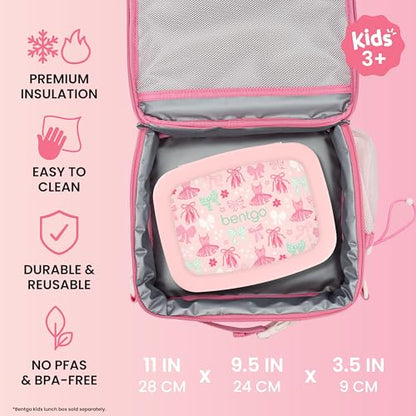 Bentgo Kids Prints Lunch Bag - Double-Insulated, Reusable, for Kids 3+, Adjustable Strap; Holds Lunch Box/Water Bottle/Snacks; Easy-Clean, Water-Resistant, Pockets (NEW Ballet & Bows) - color: Ballet & Bows