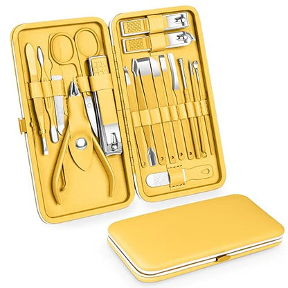 Teamkio 18pcs Manicure Set Pedicure Nail Clippers Set Travel Hygiene Kit Stainless Steel Professional Cutter Care Set Scissor Tweezers Knife Ear Pick Tools Grooming Kits with Leather Case(Yellow） - color: Yellow