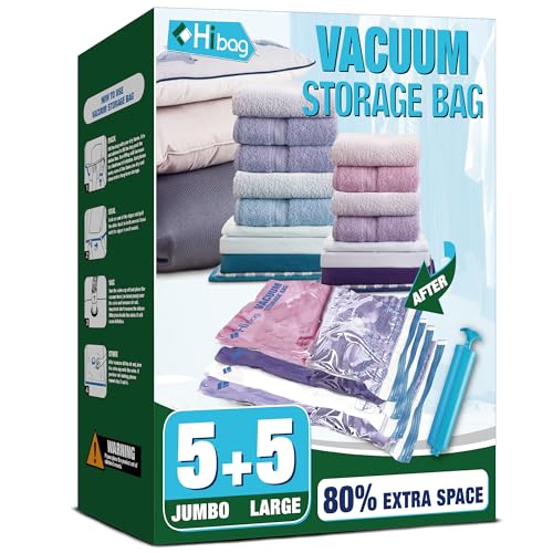 HIBAG Vacuum Storage Bags, 10 Space Saver Bags, Polyethylene (PE), Jumbo & Large Sizes, Zipper Closure, Vacuum Sealed, Ideal for Clothing & Bedding - size: 5 Jumbo 5 Large