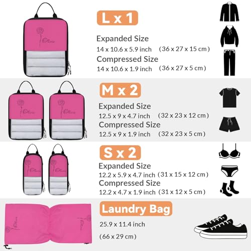Custom 6 Set Compression Packing Cubes for Travel, Personalized Lightweight Luggage Organizer Bags with Name & Birth Flower, Expandable Large Expandable Packing Organizer, Hot Pink - color: Hot Pink