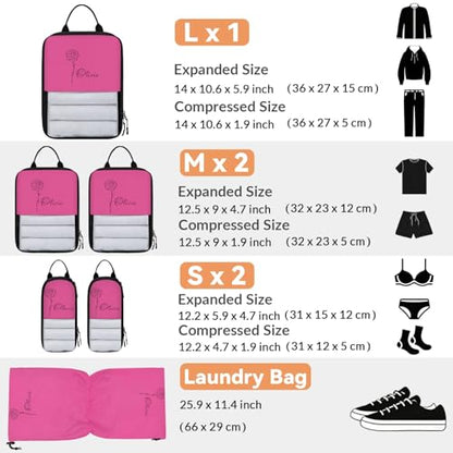Custom 6 Set Compression Packing Cubes for Travel, Personalized Lightweight Luggage Organizer Bags with Name & Birth Flower, Expandable Large Expandable Packing Organizer, Hot Pink - color: Hot Pink