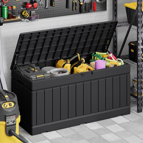 Devoko 78 Gallon Deck Box, Waterproof Resin Outdoor Storage Box for Outside and Patio, Outdoor Storage Bench Lockable for Patio Furniture, Garden Tools and Pool Supplies (Black, 78 Gallon) - color: Black, size: 78 Gallon 1 Pack