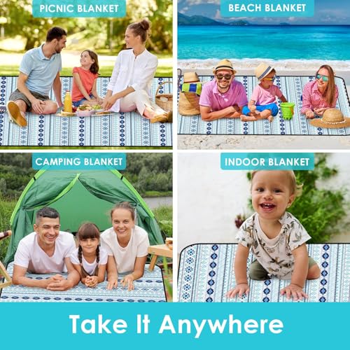 Waterproof Picnic Outdoor Blanket, 79" x 59" Sandproof Foldable Large Picnic Blanket for Beach, Camping, Park, Travel, Concert, Great Gift for Families and Couples (Bohemian Blue) - color: Bohemian Blue