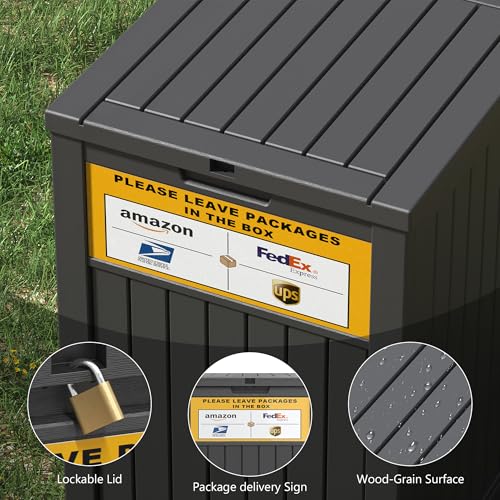 LHBGO Package Delivery Box for Outside, with Delivery Sign 48 Gallon Storage with Lockable Secure, Large Resin Outdoor Package Drop Container - color: Black with Delivery Sign