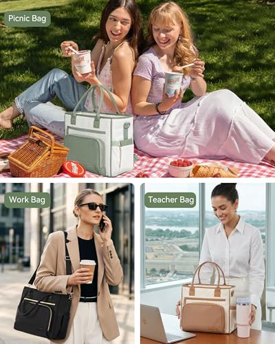 HOMESPON Insulated Lunch Bag Women Wide Opening Adult Lunch Box Large Leakproof Cooler Bag for Work Picnic Beach Family College Lunch Teacher Tote Bag with Adjustable Shoulder Strap Cup Holder(Brown) - color: Brown