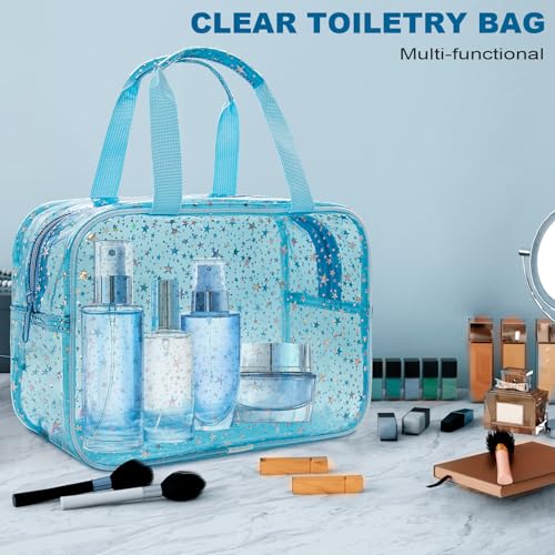 Clear Blue Star Large Makeup Bag with Star Pattern 12x5x8 inch, Travel Cosmetic Bag with Handle, Durable PVC Material Washbag Zipper Opening Design for Makeup Travel Organizer or Gym Use - color: Blue, style: Star