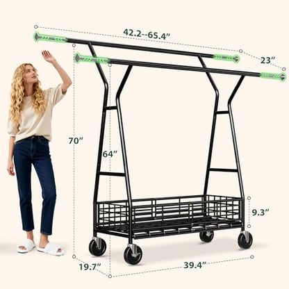 Raybee Heavy Duty Clothes Rack 630LBS, Double Rods Clothing Rack with Storage Basket, Portable Garment Rack for Heavy Clothes, Extendable & Adjustable, Bedroom, Closet, Commercial, Black - color: Black, style: Double Rods
